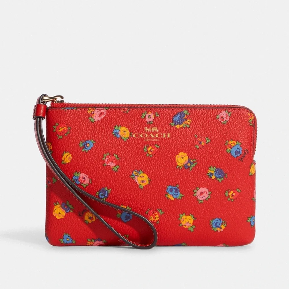 Coach Corner Zip Wristlet With Mini Vintage Rose Print IM/Miami Red Multi